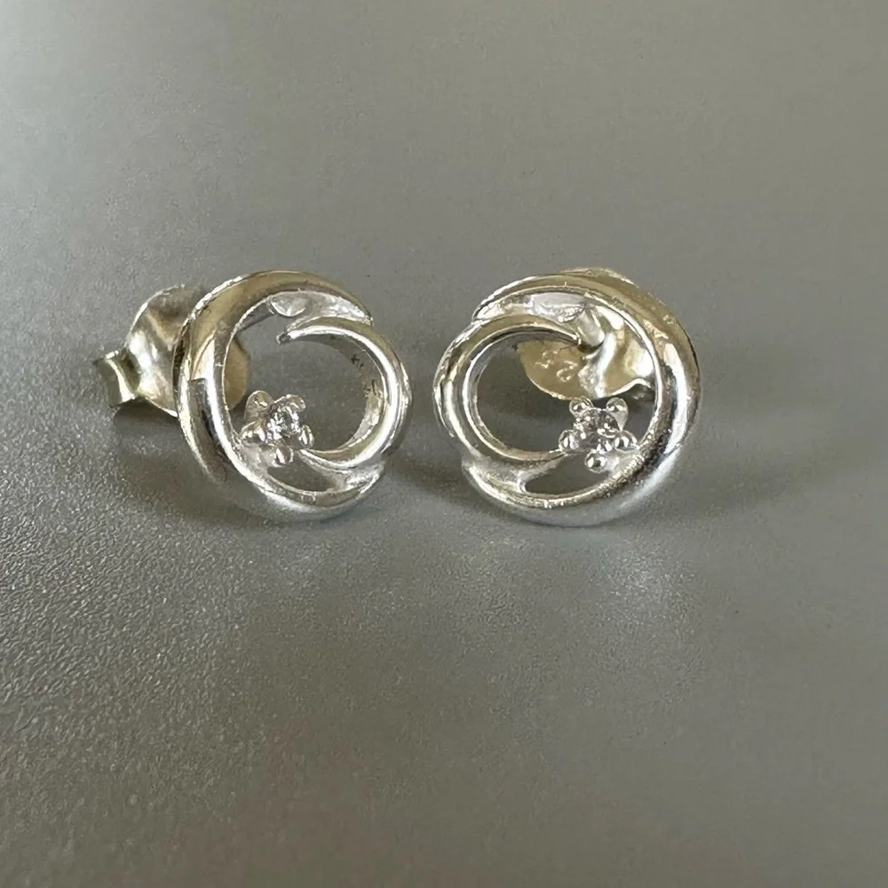 Sterling Silver Crescent Moon Tiny Stud Earrings with CZ 8mm